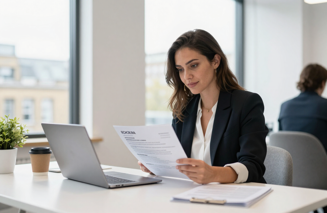 Job seeker reviewing a professional resume at a modern desk